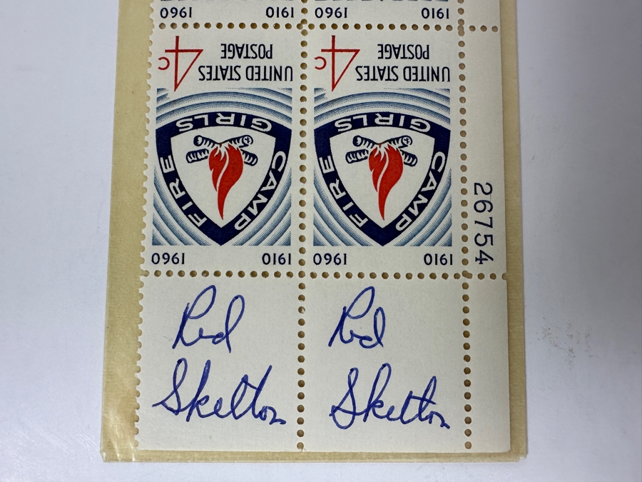 Vintage 1960 Block Of 4 Mint Camp Fire Girls 4 Cent Stamps With Two Hand Signed Red Skelton Signatures [Photo 3]