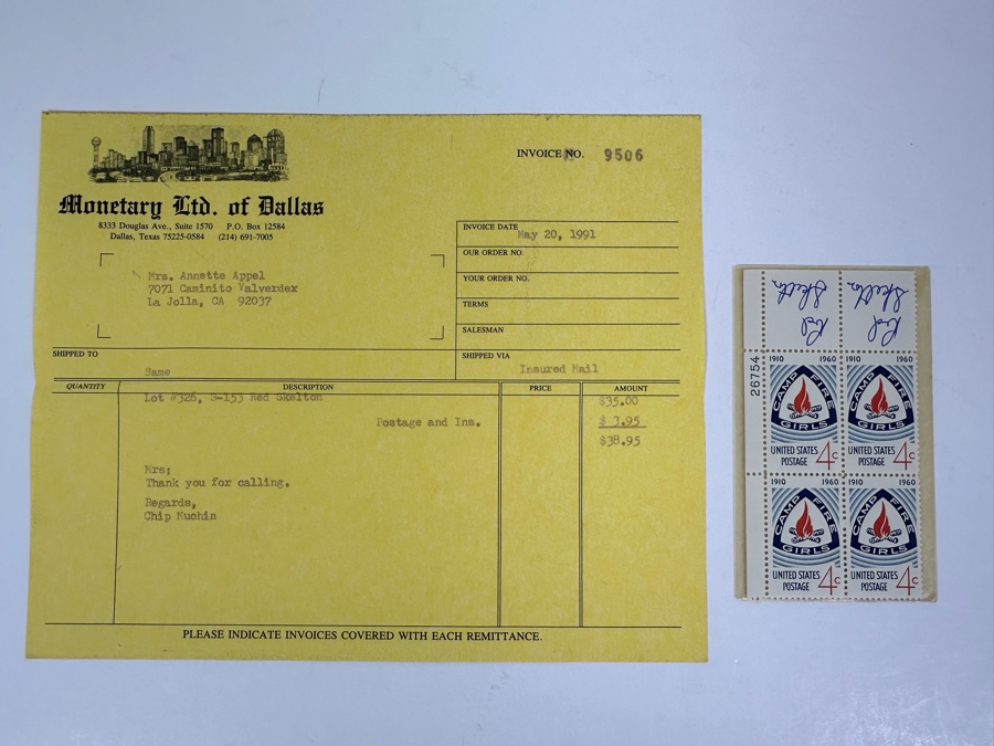 Vintage 1960 Block Of 4 Mint Camp Fire Girls 4 Cent Stamps With Two Hand Signed Red Skelton Signatures [Photo 2]