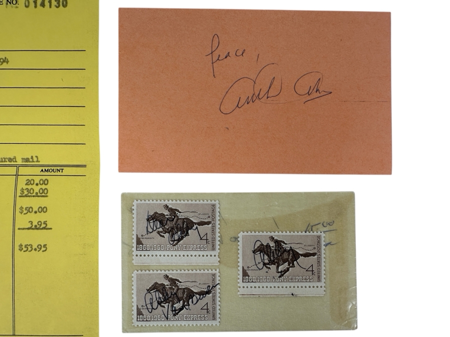 Arthur Ashe (1943-1993) American Professional Tennis Player Signature And Abby Van Buren (Dear Abby) Signed Set Of Three Mint 4 Cent Pony Express Stamps With Invoice From Monetary Ltd. Of Dallas [Photo 1]