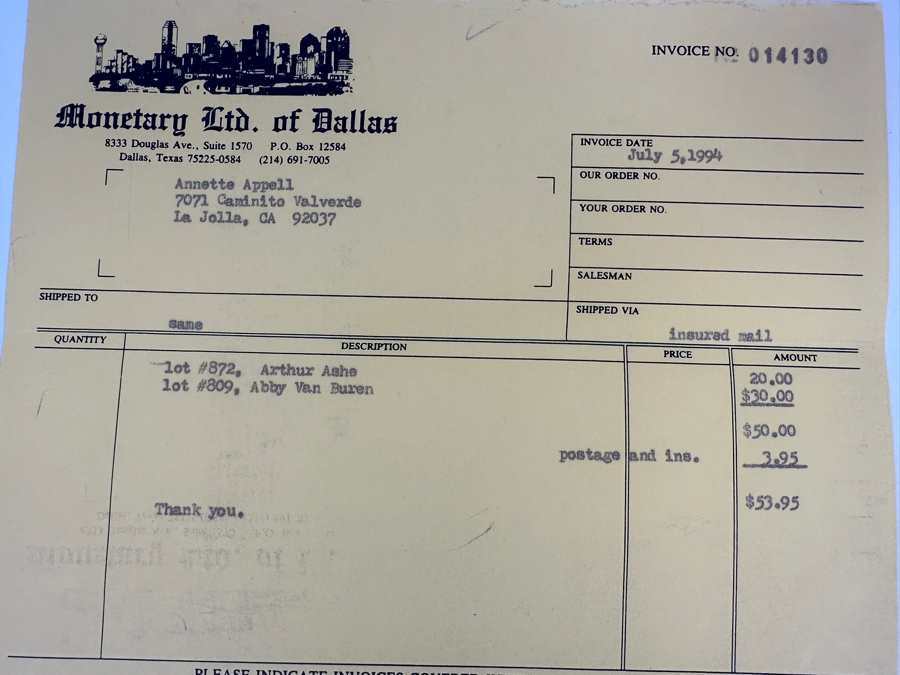 Arthur Ashe (1943-1993) American Professional Tennis Player Signature And Abby Van Buren (Dear Abby) Signed Set Of Three Mint 4 Cent Pony Express Stamps With Invoice From Monetary Ltd. Of Dallas [Photo 8]