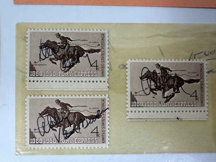 Arthur Ashe (1943-1993) American Professional Tennis Player Signature And Abby Van Buren (Dear Abby) Signed Set Of Three Mint 4 Cent Pony Express Stamps With Invoice From Monetary Ltd. Of Dallas [Photo 3]