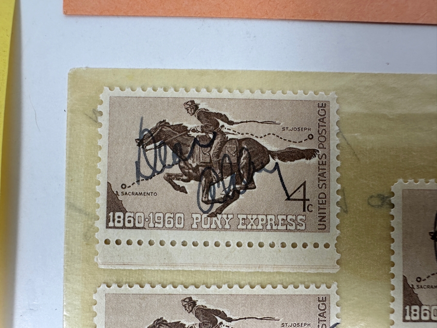 Arthur Ashe (1943-1993) American Professional Tennis Player Signature And Abby Van Buren (Dear Abby) Signed Set Of Three Mint 4 Cent Pony Express Stamps With Invoice From Monetary Ltd. Of Dallas [Photo 4]