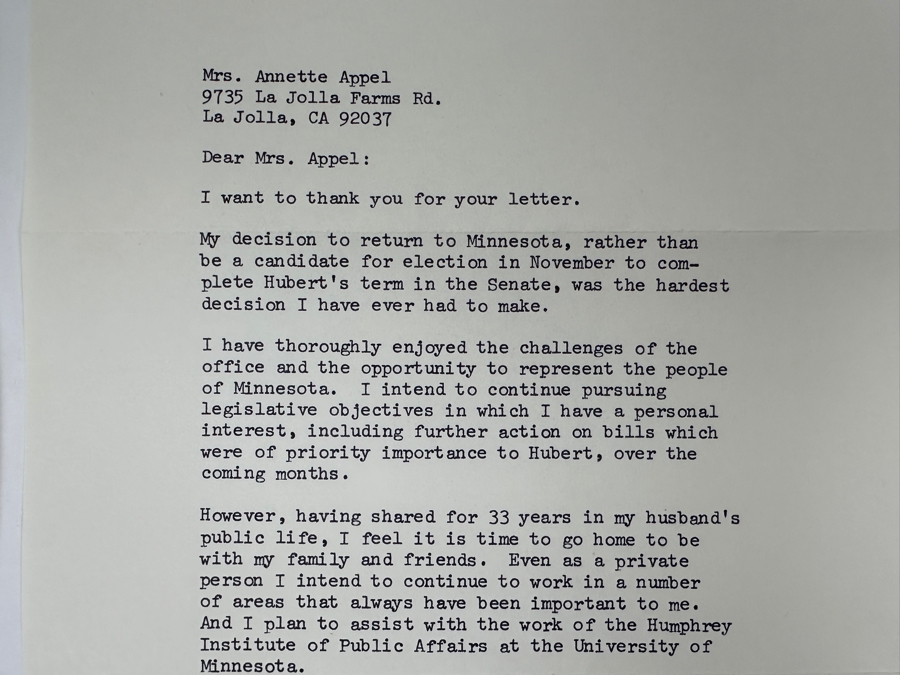 Vintage 1977 Hand Signed Hubert H. Humphrey (1911-1978) Former Vice President And Senator Of The U.S. Personal Letter And Vintage 1978 Hand Signed Muriel Humphrey Personal Letter Signatures [Photo 10]