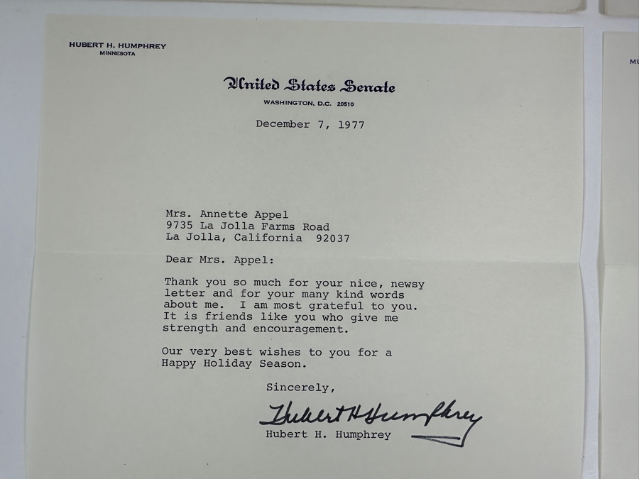 Vintage 1977 Hand Signed Hubert H. Humphrey (1911-1978) Former Vice President And Senator Of The U.S. Personal Letter And Vintage 1978 Hand Signed Muriel Humphrey Personal Letter Signatures [Photo 2]