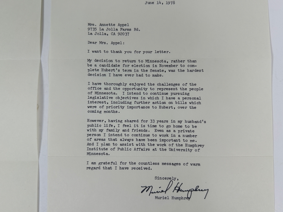 Vintage 1977 Hand Signed Hubert H. Humphrey (1911-1978) Former Vice President And Senator Of The U.S. Personal Letter And Vintage 1978 Hand Signed Muriel Humphrey Personal Letter Signatures [Photo 8]