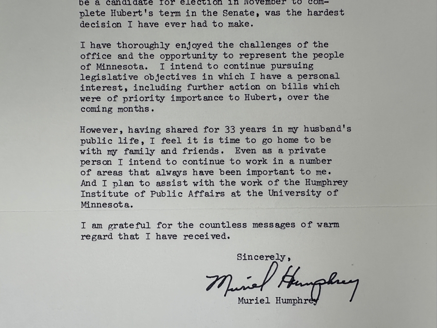 Vintage 1977 Hand Signed Hubert H. Humphrey (1911-1978) Former Vice President And Senator Of The U.S. Personal Letter And Vintage 1978 Hand Signed Muriel Humphrey Personal Letter Signatures [Photo 11]