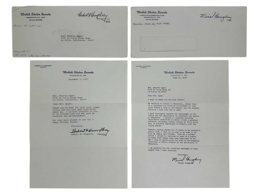 Vintage 1977 Hand Signed Hubert H. Humphrey (1911-1978) Former Vice President And Senator Of The U.S. Personal Letter And Vintage 1978 Hand Signed Muriel Humphrey Personal Letter Signatures [Photo 1]