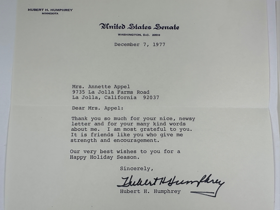 Vintage 1977 Hand Signed Hubert H. Humphrey (1911-1978) Former Vice President And Senator Of The U.S. Personal Letter And Vintage 1978 Hand Signed Muriel Humphrey Personal Letter Signatures [Photo 4]