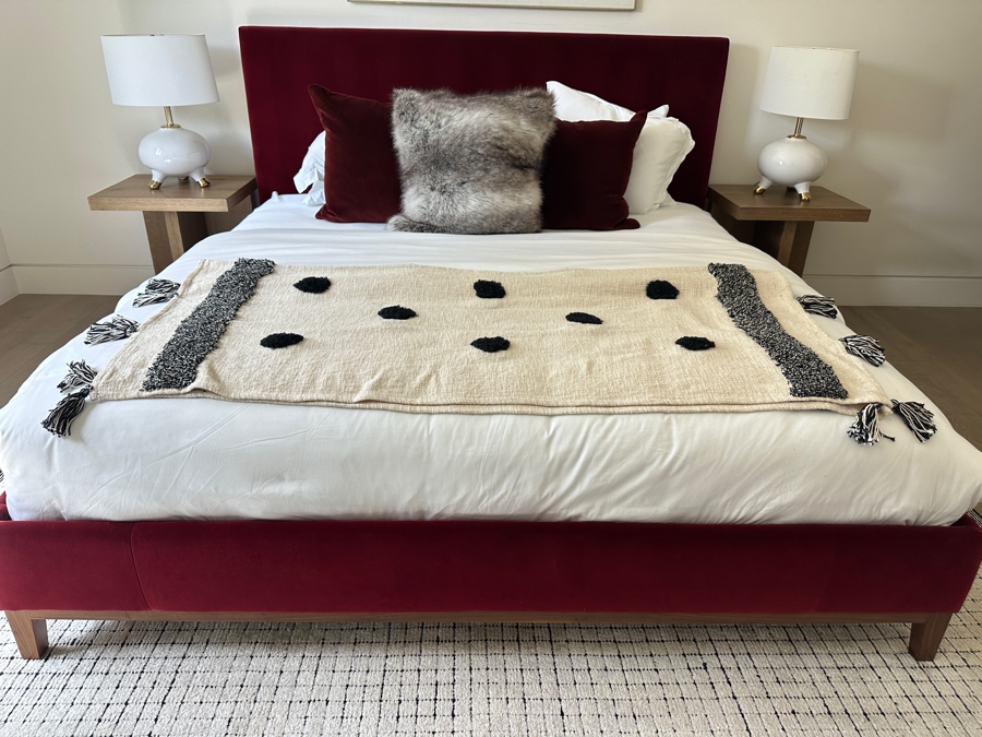 Red Velvet Platform Eastern King Size Bed 80.5W X 87L With New Saatva Organic Cotton Ultra-Premium Luxury Mattress