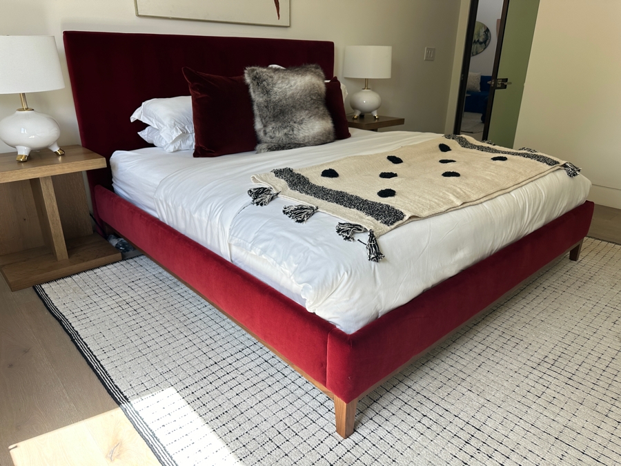 Red Velvet Platform Eastern King Size Bed 80.5W X 87L With New Saatva Organic Cotton Ultra-Premium Luxury Mattress [Photo 2]