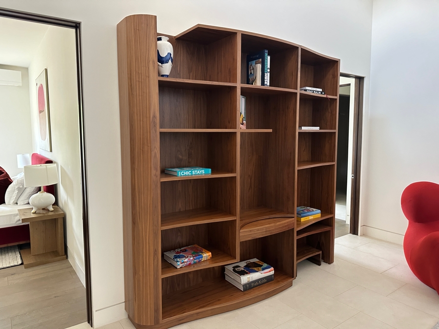 Stunning Large Custom Built Veneered Teak Over Plywood Bookcase With Pullout Drawer And Two Stools - One Piece - Need Huge Door To Move Into Home 98W X 16D X 97H [Photo 3]