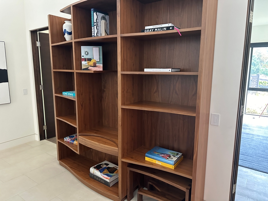 Stunning Large Custom Built Veneered Teak Over Plywood Bookcase With Pullout Drawer And Two Stools - One Piece - Need Huge Door To Move Into Home 98W X 16D X 97H [Photo 4]