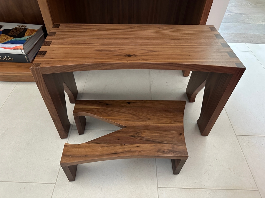 Stunning Large Custom Built Veneered Teak Over Plywood Bookcase With Pullout Drawer And Two Stools - One Piece - Need Huge Door To Move Into Home 98W X 16D X 97H [Photo 8]