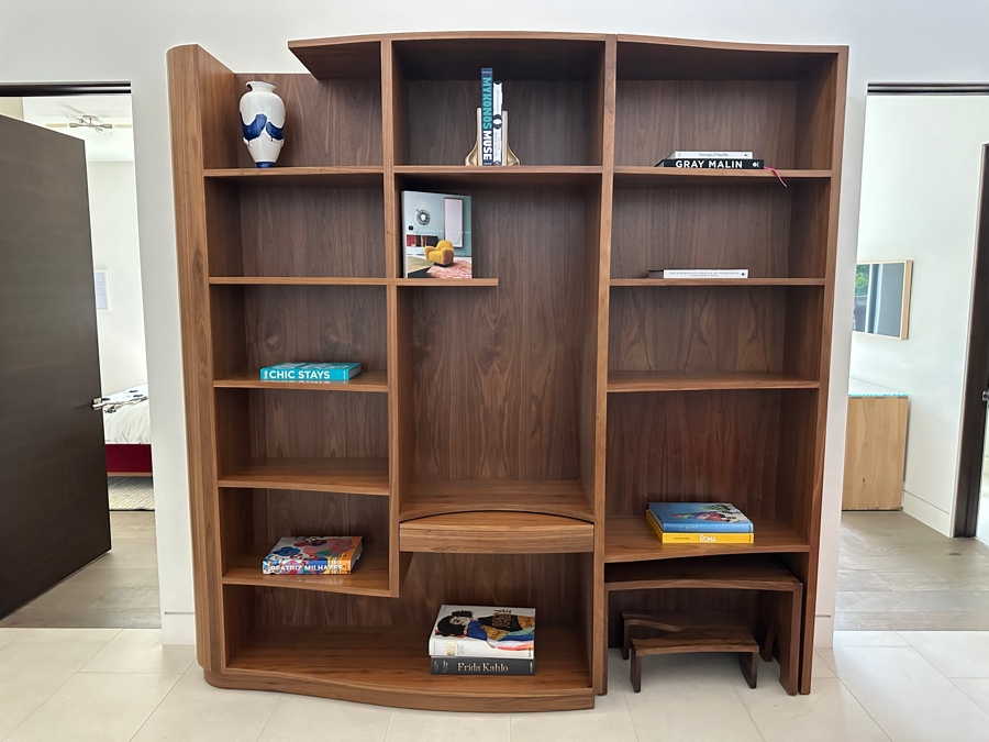 Stunning Large Custom Built Veneered Teak Over Plywood Bookcase With Pullout Drawer And Two Stools - One Piece - Need Huge Door To Move Into Home 98W X 16D X 97H