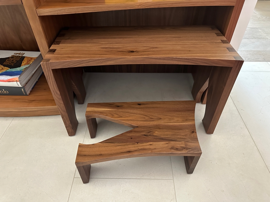 Stunning Large Custom Built Veneered Teak Over Plywood Bookcase With Pullout Drawer And Two Stools - One Piece - Need Huge Door To Move Into Home 98W X 16D X 97H [Photo 7]