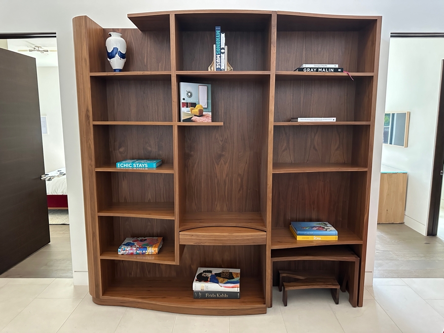 Stunning Large Custom Built Veneered Teak Over Plywood Bookcase With Pullout Drawer And Two Stools - One Piece - Need Huge Door To Move Into Home 98W X 16D X 97H [Photo 2]