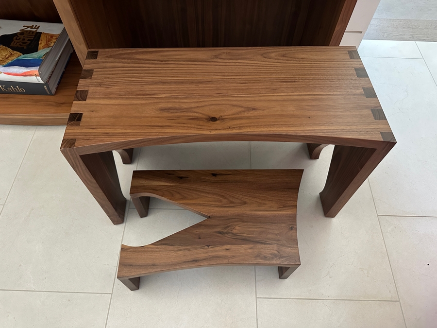 Stunning Large Custom Built Veneered Teak Over Plywood Bookcase With Pullout Drawer And Two Stools - One Piece - Need Huge Door To Move Into Home 98W X 16D X 97H [Photo 9]