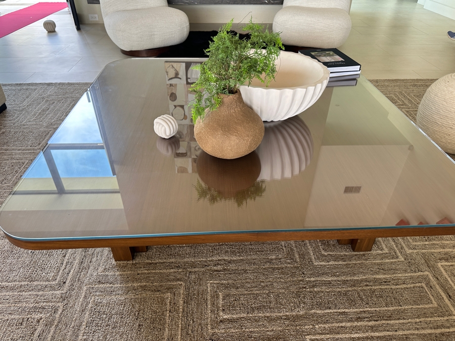 Large Custom Built Wooden Coffee Table With Glass Top 60W X 60D X 16H [Photo 6]