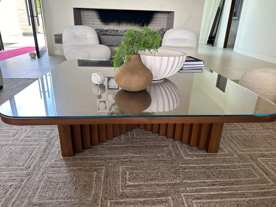 Large Custom Built Wooden Coffee Table With Glass Top 60W X 60D X 16H [Photo 1]