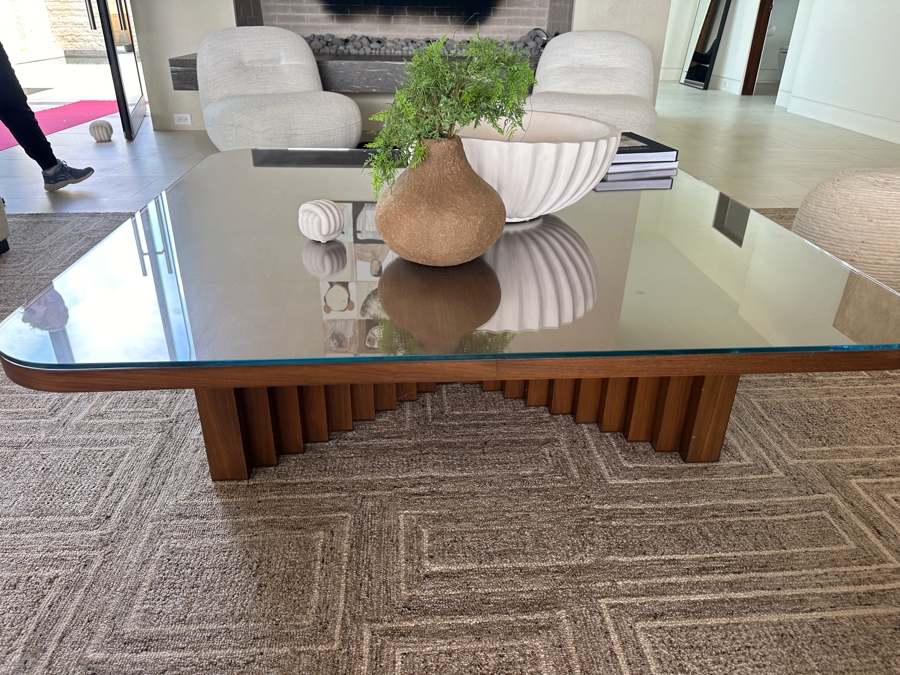 Large Custom Built Wooden Coffee Table With Glass Top 60W X 60D X 16H [Photo 2]