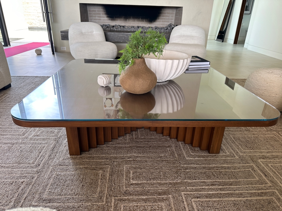 Large Custom Built Wooden Coffee Table With Glass Top 60W X 60D X 16H [Photo 3]