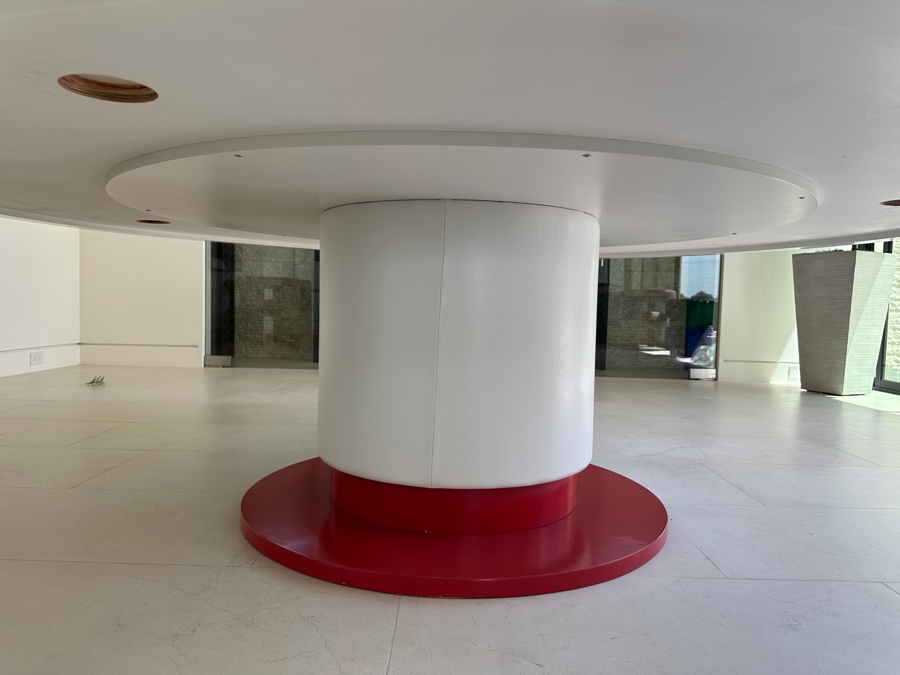 Huge 8' Round Custom Wooden Pedestal Dining Table With Glass Top And Wrapped Vinyl Pedestal Base 30'H [Photo 4]