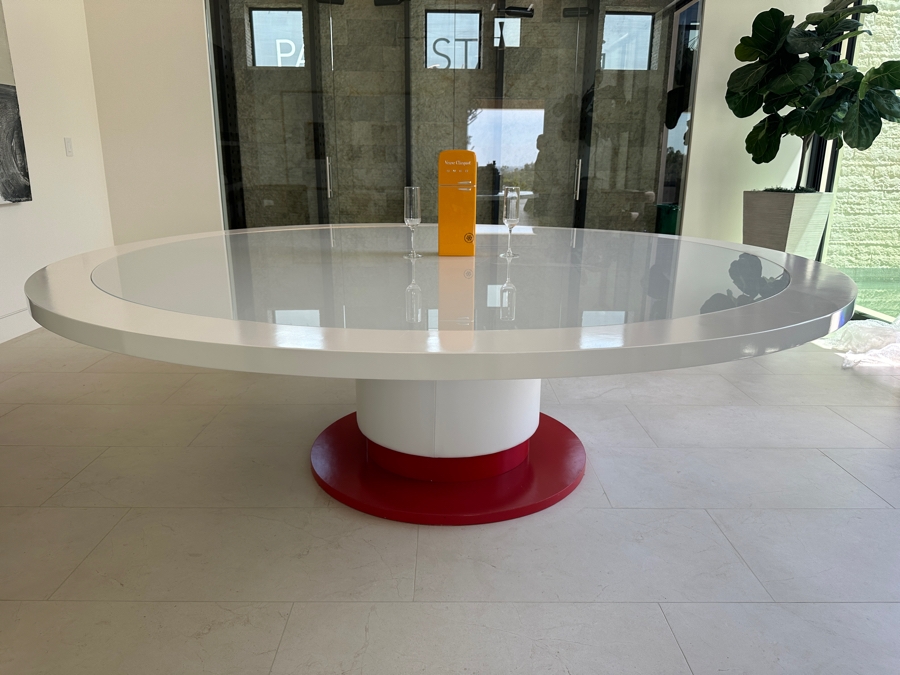 Huge 8' Round Custom Wooden Pedestal Dining Table With Glass Top And Wrapped Vinyl Pedestal Base 30'H [Photo 6]