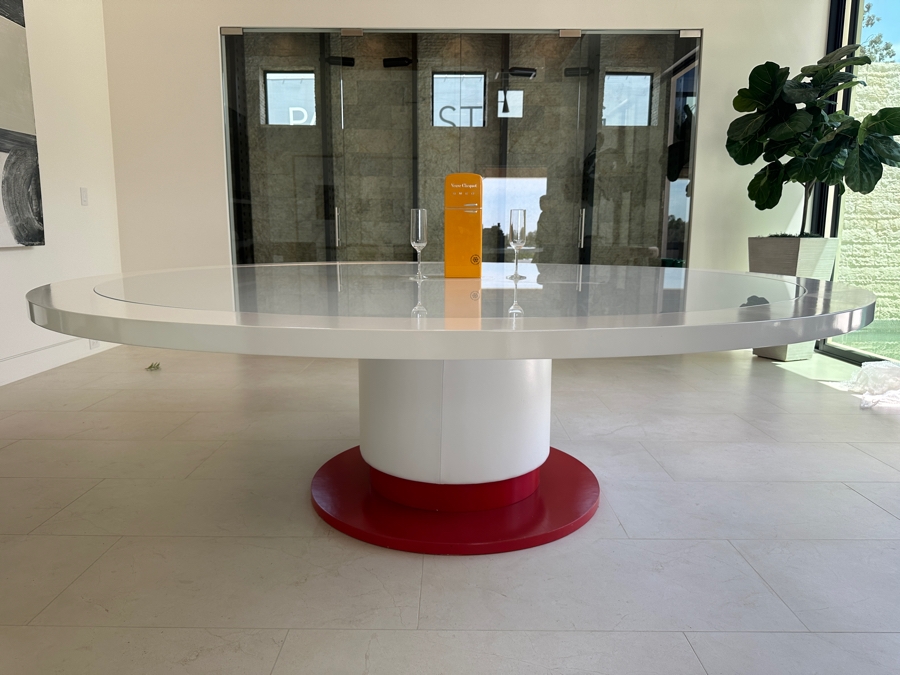 Huge 8' Round Custom Wooden Pedestal Dining Table With Glass Top And Wrapped Vinyl Pedestal Base 30'H [Photo 7]