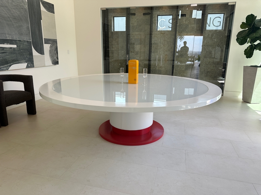 Huge 8' Round Custom Wooden Pedestal Dining Table With Glass Top And Wrapped Vinyl Pedestal Base 30'H [Photo 8]