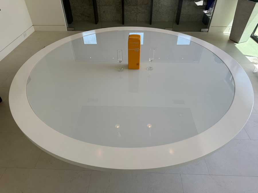 Huge 8' Round Custom Wooden Pedestal Dining Table With Glass Top And Wrapped Vinyl Pedestal Base 30'H [Photo 9]