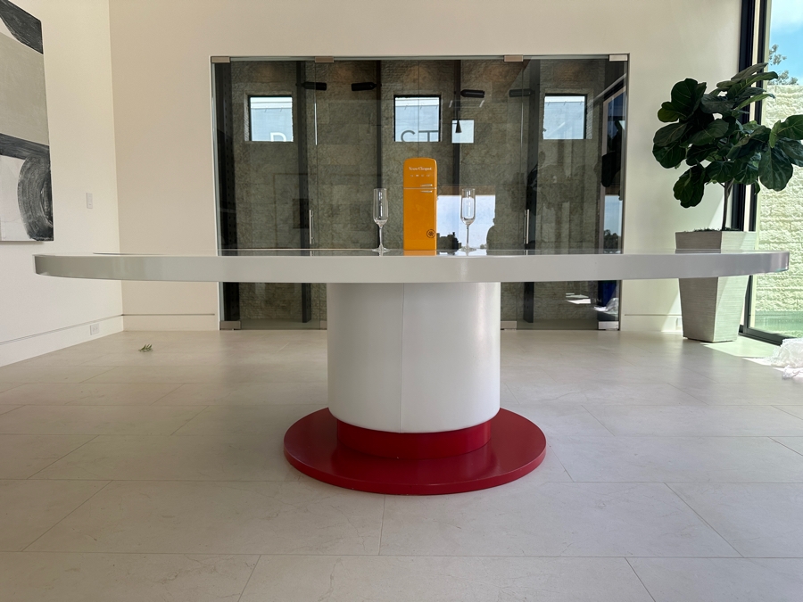 Huge 8' Round Custom Wooden Pedestal Dining Table With Glass Top And Wrapped Vinyl Pedestal Base 30'H [Photo 3]