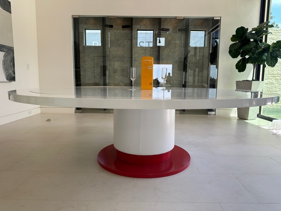 Huge 8' Round Custom Wooden Pedestal Dining Table With Glass Top And Wrapped Vinyl Pedestal Base 30'H [Photo 2]