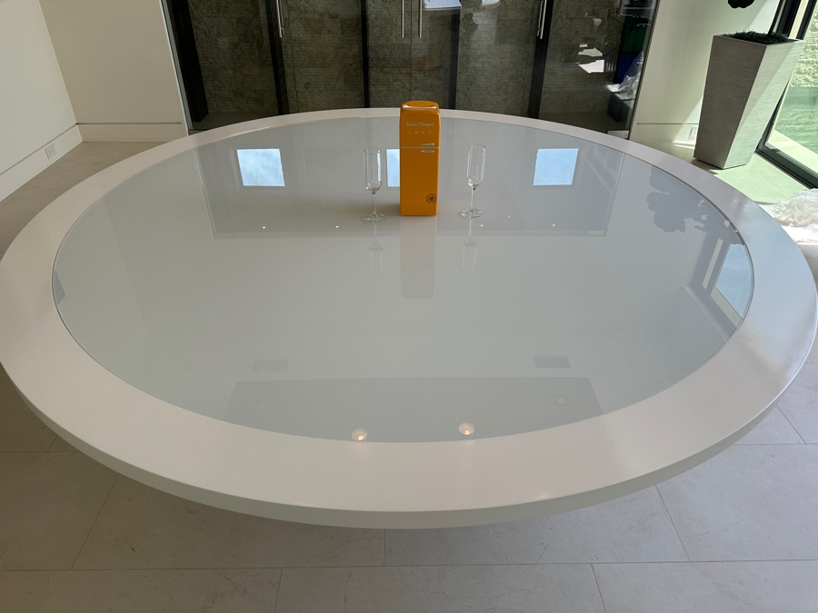 Huge 8' Round Custom Wooden Pedestal Dining Table With Glass Top And Wrapped Vinyl Pedestal Base 30'H [Photo 5]