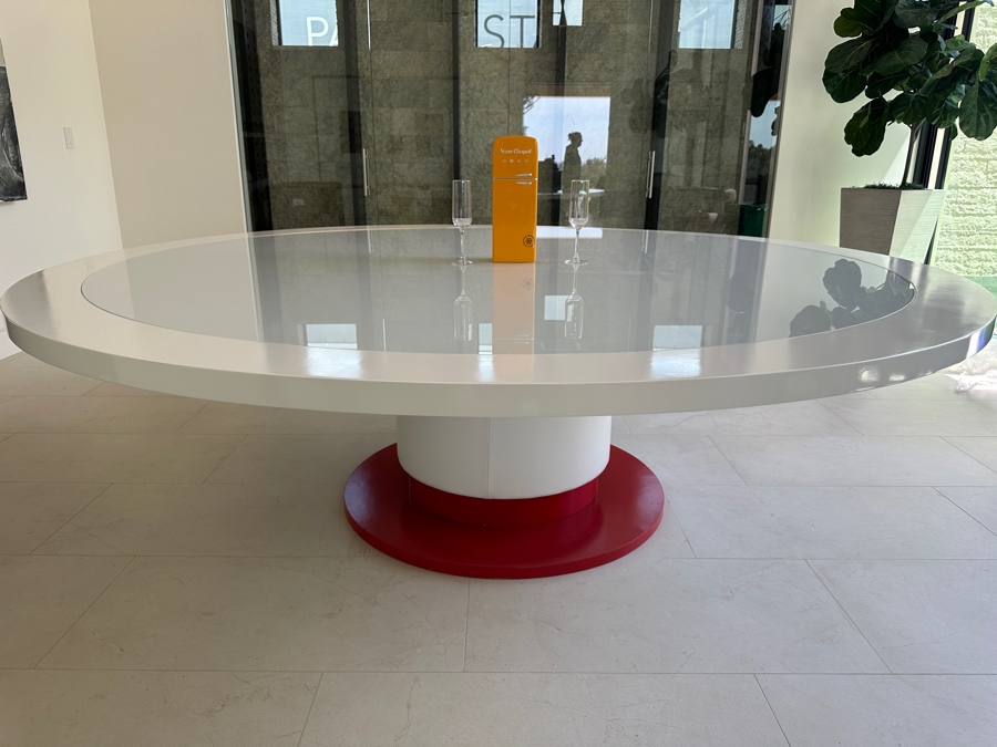 Huge 8' Round Custom Wooden Pedestal Dining Table With Glass Top And Wrapped Vinyl Pedestal Base 30'H [Photo 1]