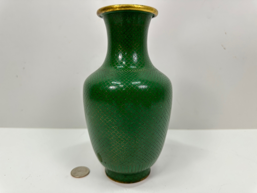 Vintage Chinese Green Cloisonné Vase 8'H [Photo 2]