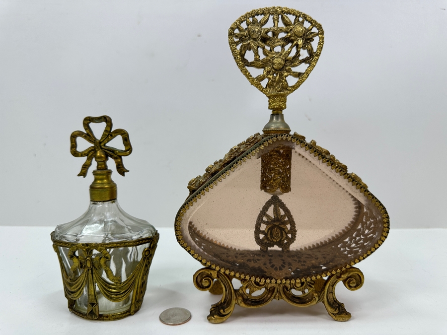Vintage Gilded Metal Perfume Bottles 6.25' and 9.5'H [Photo 2]