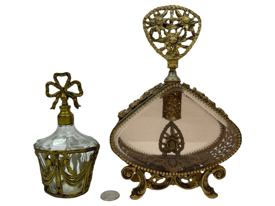 Vintage Gilded Metal Perfume Bottles 6.25' and 9.5'H