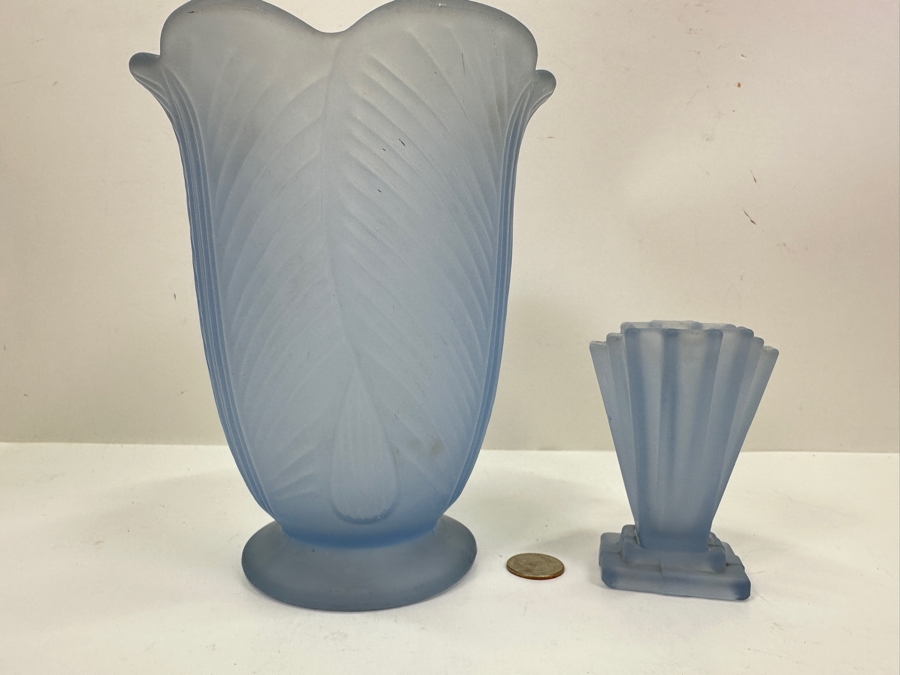 Bagley Art Deco Sunburst and Grantham Blue Glass Vases 8.5'H and 4.5'H [Photo 2]