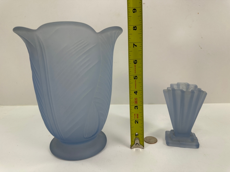 Bagley Art Deco Sunburst and Grantham Blue Glass Vases 8.5'H and 4.5'H [Photo 7]