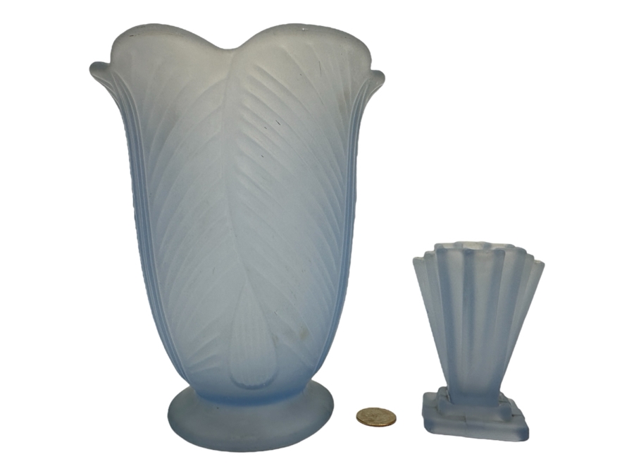Bagley Art Deco Sunburst and Grantham Blue Glass Vases 8.5'H and 4.5'H