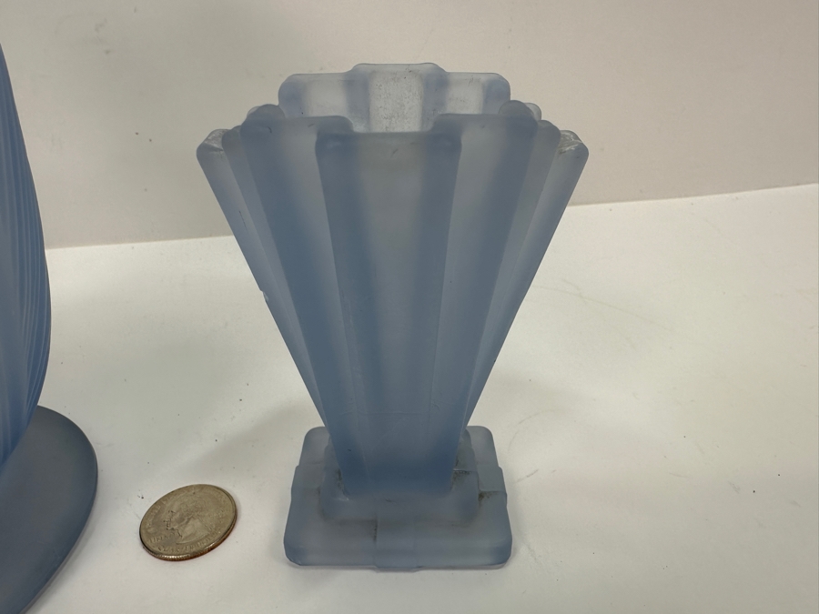 Bagley Art Deco Sunburst and Grantham Blue Glass Vases 8.5'H and 4.5'H [Photo 3]