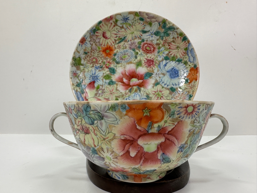 Antique Chinese Republic Period Export Hand Painted Double Handled Cup 2H And Saucer 6W [Photo 6]