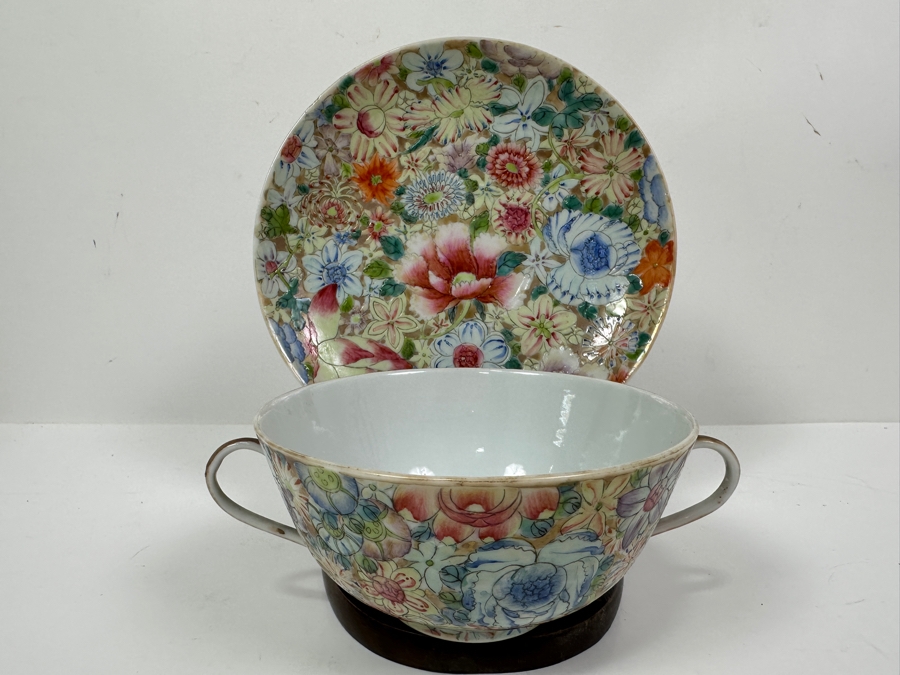 Antique Chinese Republic Period Export Hand Painted Double Handled Cup 2H And Saucer 6W [Photo 3]