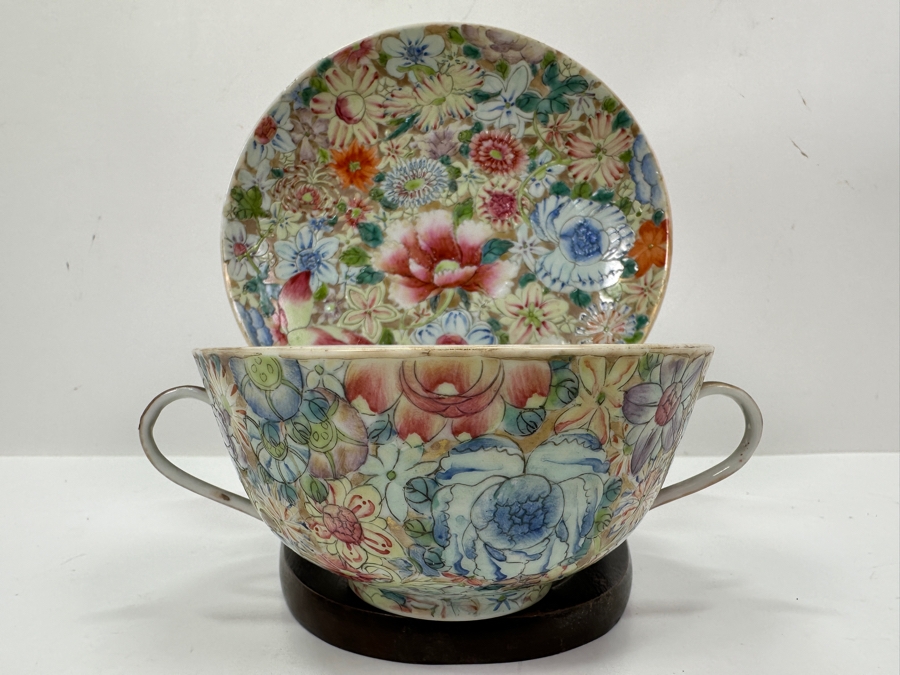 Antique Chinese Republic Period Export Hand Painted Double Handled Cup 2H And Saucer 6W [Photo 4]