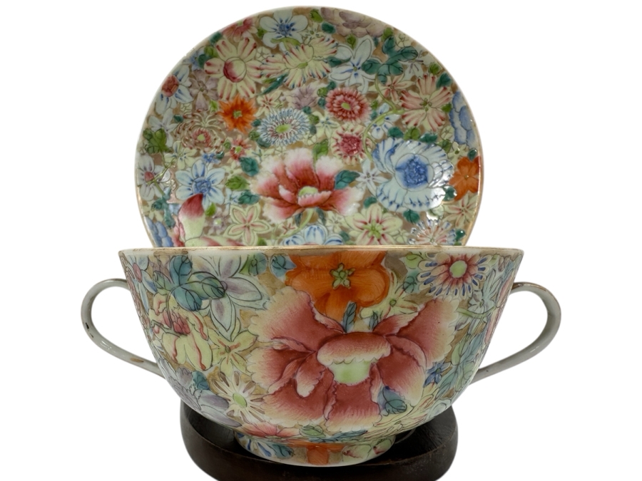 Antique Chinese Republic Period Export Hand Painted Double Handled Cup 2H And Saucer 6W [Photo 2]