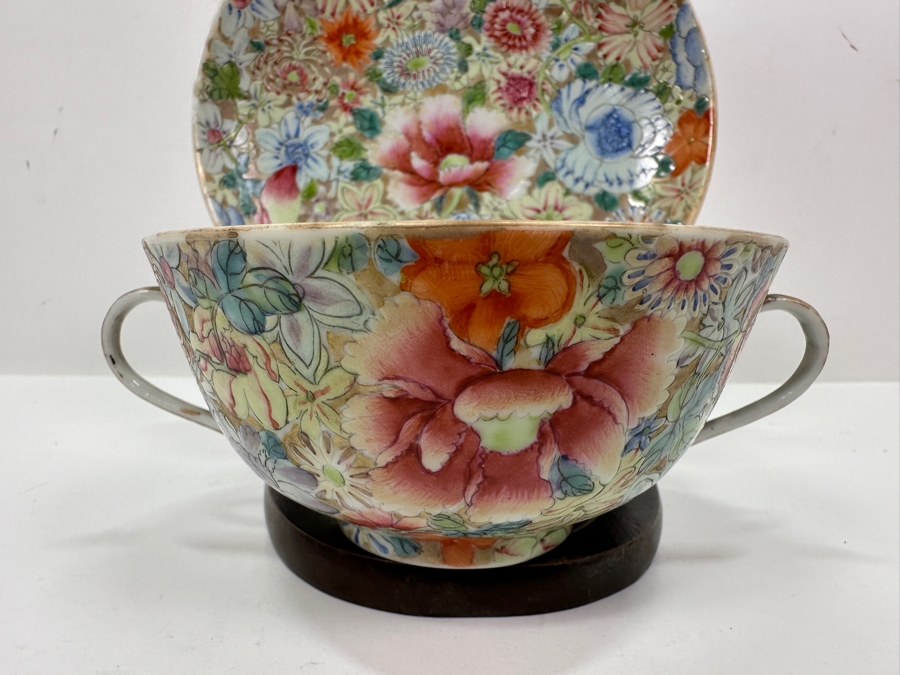 Antique Chinese Republic Period Export Hand Painted Double Handled Cup 2H And Saucer 6W [Photo 7]