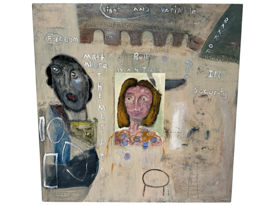 Large Original Mixed Media Artwork On Canvas Signed Lower Right Titled 'Are You Going My Way' 1986 Artist Signature Illegible 48' X 48'