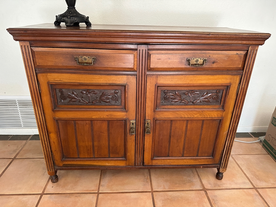 Antique Hand Carved Wooden Sideboard Cabinet 48W X 18D X 38H [Photo 2]