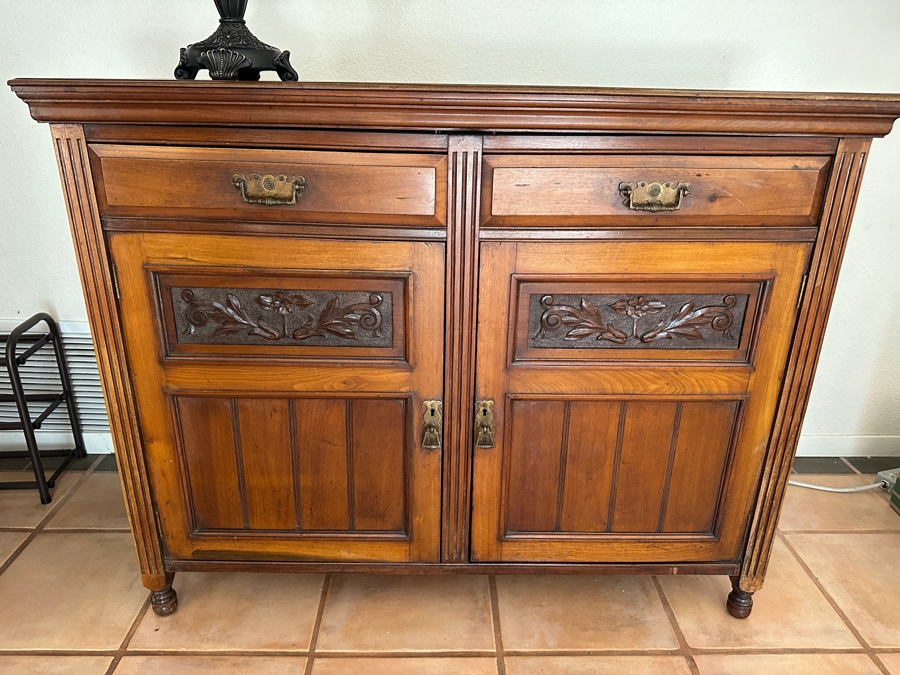 Antique Hand Carved Wooden Sideboard Cabinet 48W X 18D X 38H [Photo 1]