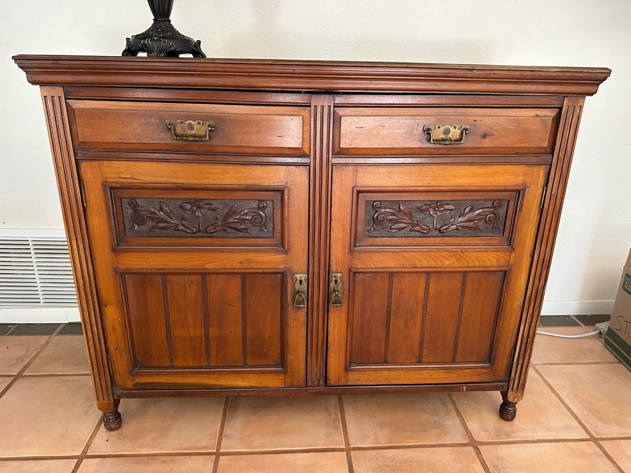 Antique Hand Carved Wooden Sideboard Cabinet 48W X 18D X 38H [Photo 3]